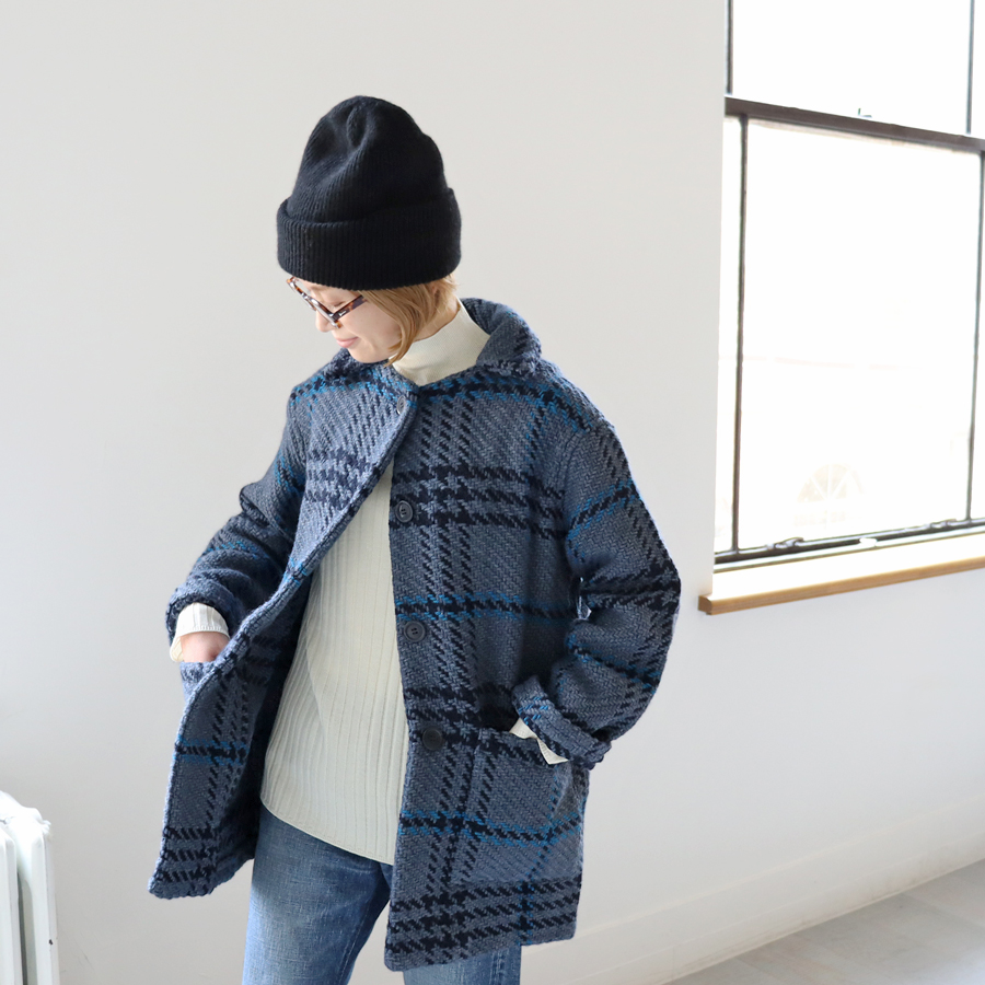 John Branigan(ジョン・ブラニガン) チェック編み襟付きコート John