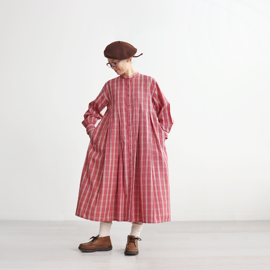 maison de soil (メゾンドソイル) チェック・バンドカラーシャツワンピース