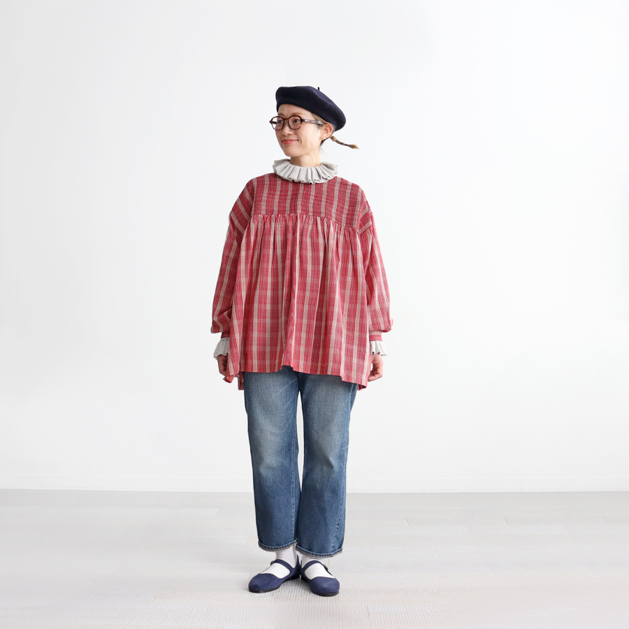 maison de soil (メゾンドソイル) チェック・ピンタックプルオーバーシャツ