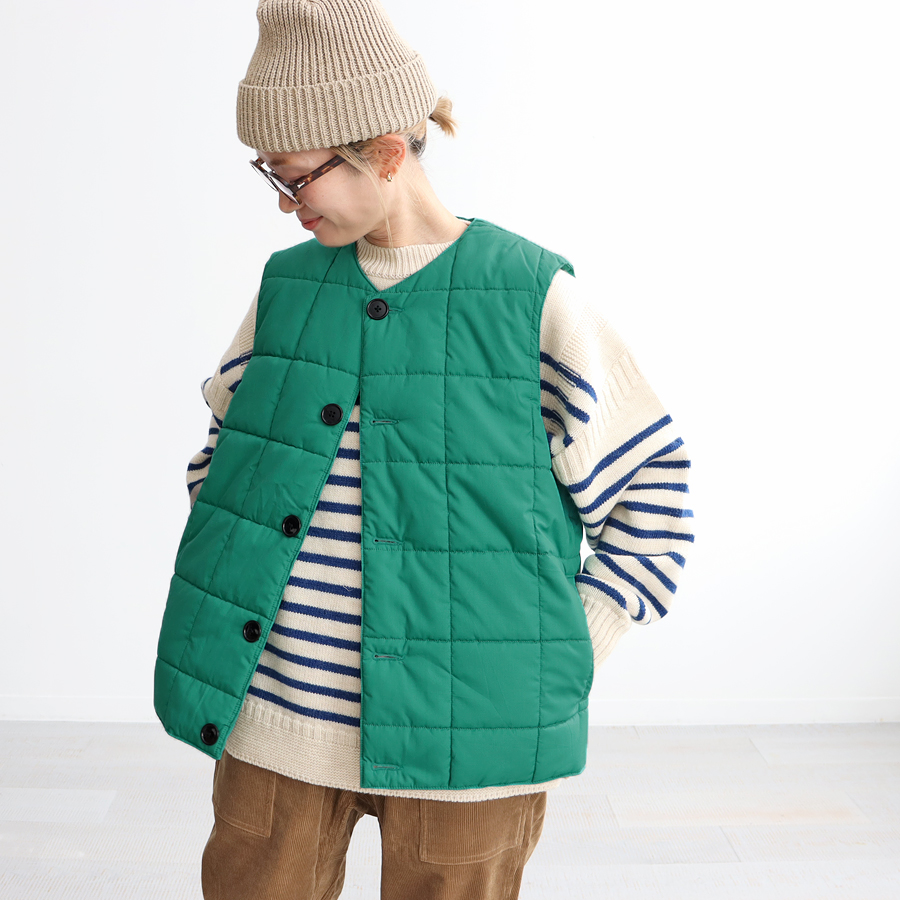 ネセサリーオアアンネセサリー　中綿ベスト　カーキ/オリーブ　Lサイズ　日本製 NECESSARY or UNNECESSARY (ネセサリー オア アンネセサリー) QUILT