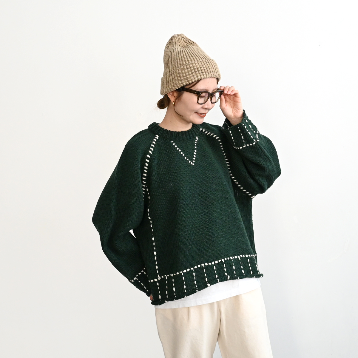 ONE FIFTH(ワンフィフス) HANDKNIT RAGLAN STITCH CREW -ナイモノねだり