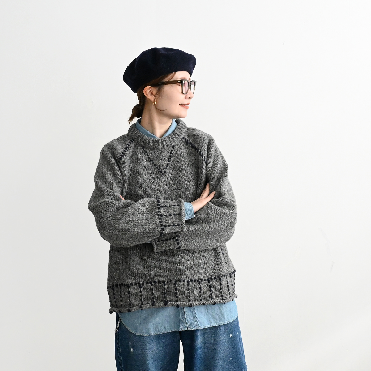 ONE FIFTH(ワンフィフス) HANDKNIT RAGLAN STITCH CREW -ナイモノねだり