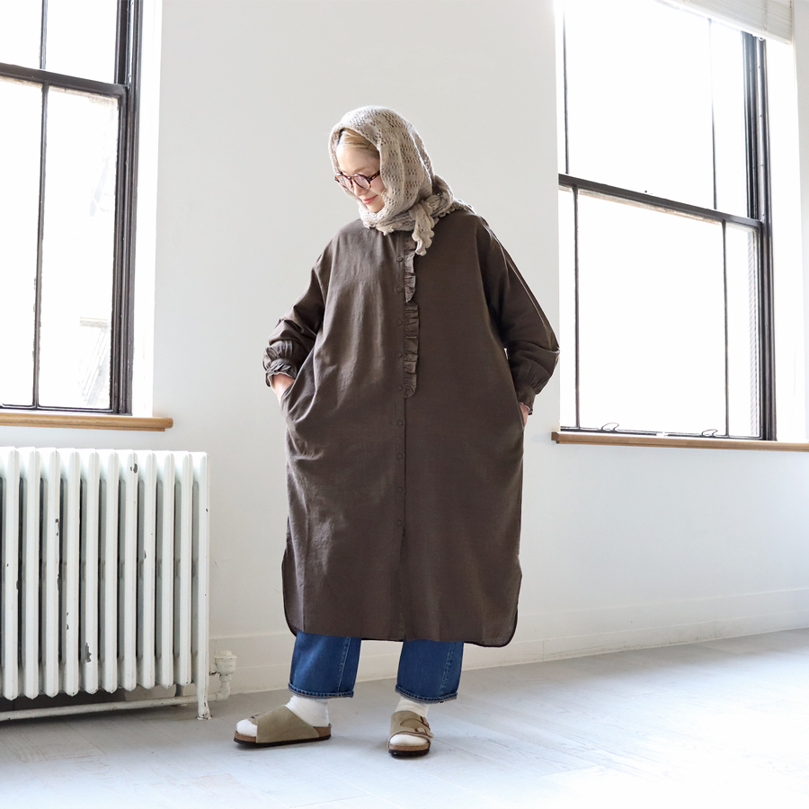 【美品】メゾンドソイル　ふんわりコットンシルクシャツワンピース　長袖　裏地付き maison de soil (メゾンドソイル) フリルカラーシャツワンピース