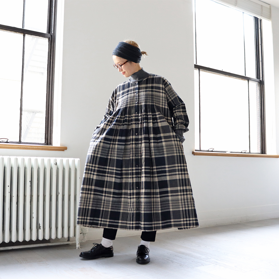 maison de soil (メゾンドソイル) チェック・クルーネックシャツワンピース